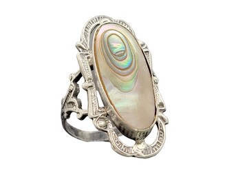 Art Nouveau Filigree Sterling Sliver Scrolled Ring Abalone Blister Pearl Antique 4.5 size