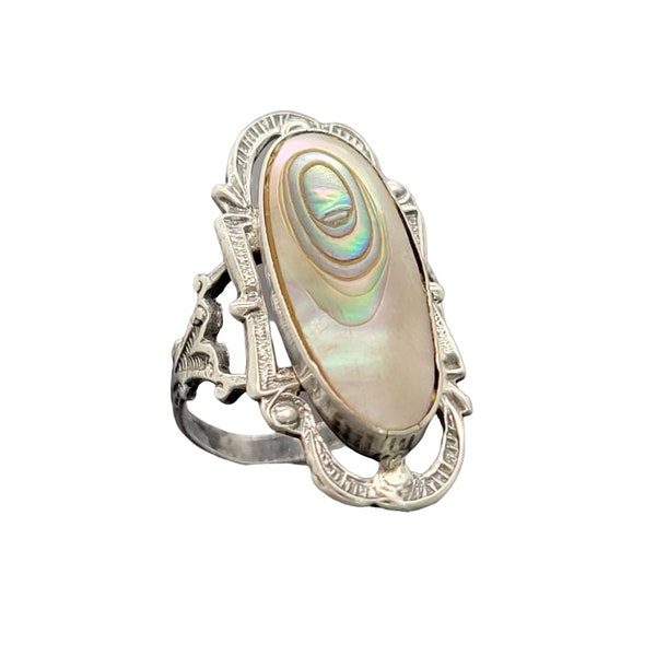 Art Nouveau Filigree Sterling Sliver Scrolled Ring Abalone Blister Pearl Antique 4.5 size