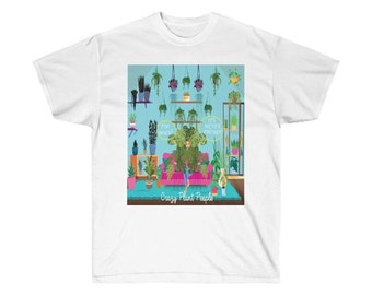 May include: White t-shirt with a graphic of a person surrounded by plants. The text on the graphic says "It's never enough" and "Too much?"  The text at the bottom of the graphic says "Crazy Plant People".