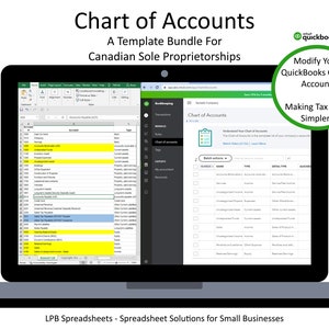 May include: A laptop computer screen displaying a QuickBooks Online Chart of Accounts template for Canadian sole proprietorships. The template is a spreadsheet with columns for account number, name, type, and detail type. The screen also shows a message about modifying your QuickBooks Online account and making tax time simpler.
