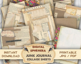 Handmade Collage Digital Download Paper, Digital Paper Pack, Junk Journal Paper Sheets, Altered Art Paper, Old Paper