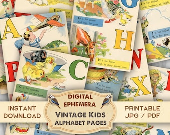Könnte beinhalten: Vintage Alphabet-Seiten für Kinder mit bunten Illustrationen von Tieren und Gegenständen. Jede Seite enthält einen Buchstaben des Alphabets, ein Bild und einen Reim. Die Seiten sind perfekt, um Kindern das Alphabet beizubringen und ihnen das Lesen beizubringen.