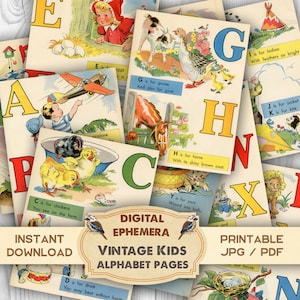 Vintage Kinder Alphabet Buchseiten, Junk Journal Kits, digitale Ephemera, digitale Downloads, bedruckbares Papier, digitale Papierbögen