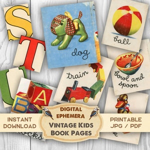 Pagine di libri per bambini vintage, kit diario spazzatura, effimeri digitali, download digitali, carta stampabile, fogli di carta digitale