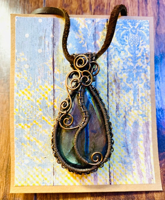 Copper Wire Wrapped Pendant with Dragon Eye Labrad