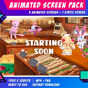 Twitch Animated Stream Screen Pack - Pokemon Kawaii Bäckerei Thema / Start Soon / Be right back / End Soon / Now Offline