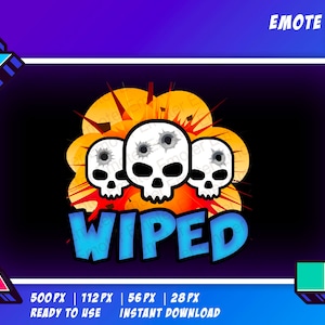 Peut inclure: Un émoji Twitch représentant une explosion de dessin animé avec trois crânes et le mot "WIPED" en lettres bleues. L'émoji est sur un fond noir avec un dégradé violet.