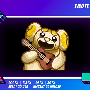 May include: A yellow cartoon dog with big eyes and a wide smile plays a brown ukulele. The dog is wearing a white shirt and has a yellow and white patterned fur. The background is black.