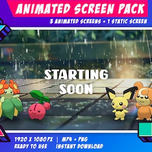 Twitch Animated Stream Screen Pack - Pokemon Rainy Day Theme / Start Soon / Be Right Back / End Soon / Now Offline