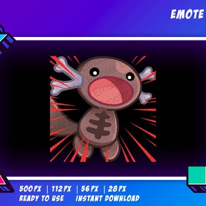 May include: A brown axolotl with red and white bones sticking out of its head. The axolotl is surrounded by red lines radiating outward from its body. The background is black. The text "EMOTE" is in the upper right corner of the image.