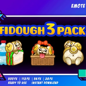 Könnte beinhalten: Drei Twitch-Emojis mit einem Cartoon-Hund in verschiedenen Posen. Der Hund ist gelb mit einem weißen Gesicht und trägt eine rote Schleife. Die Emojis sind mit "FIDOUGH 3 PACK" beschriftet.