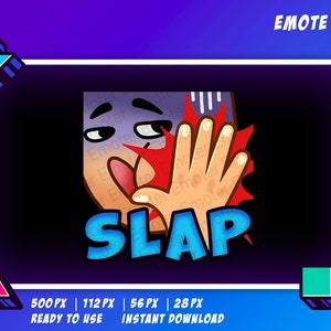 May include: A blue and red cartoon face with a hand slapping it, with the word "SLAP" in blue letters below. The background is black with a purple border.