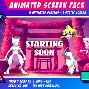 Twitch Animated Stream Screen Pack - Pokemon Japanische Tori Gates Pink Theme / Start Soon / Be Right Back / End Soon / Now Offline