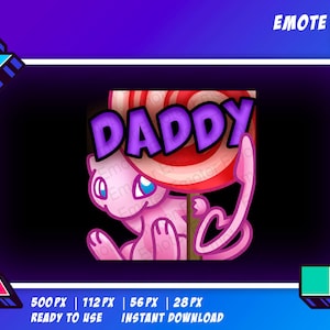 May include: A pink cartoon character holding a red and white lollipop with the word "DADDY" written in purple on it. The character has large blue eyes and a heart-shaped tail.
