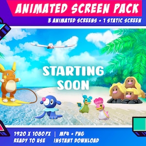 Twitch Animated Stream Screen Pack - Pokemon Kawaii Beach Theme / Start Soon / Be right back / End Soon / Now Offline
