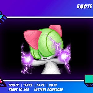 May include: A green and pink cartoon character with lightning bolts around it. The character has a white body and a green and pink head. The background is black. The text "EMOTE" is in the top right corner of the image.