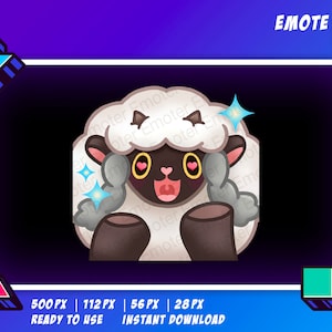 May include: A cartoon sheep with black eyes and a pink nose, wearing a white fluffy coat and brown legs. The sheep is smiling and has sparkling stars around its head. The background is black.