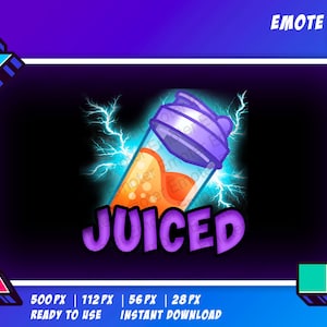 May include: A purple and orange cartoon shaker with lightning bolts and the word "JUICED" in purple text. The image is on a black background with a blue border and the text "EMOTE" in the top right corner.