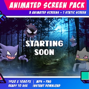 May include: Animated screen pack for Twitch featuring three animated screens and one static screen. The screens feature a dark forest background with a path leading through the trees. The text "STARTING SOON" is displayed in the center of the screen. The screens are decorated with various cartoon ghost characters.
