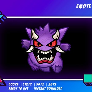May include: Purple cartoon monster with sharp teeth and horns, against a black background. The text "EMOTE" is in the top right corner of the image.