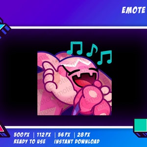 May include: A pink cartoon character with a wide smile and closed eyes, singing with musical notes above its head. The character is wearing a pink and white striped shirt and has a pink and white striped hat.