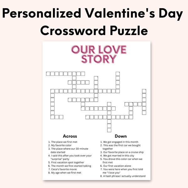 Personalized Valentine's Day Crossword Puzzle, Custom Valentine's Day Puzzle, Anniversary Gift, Wedding Crossword, Engagement Crossword