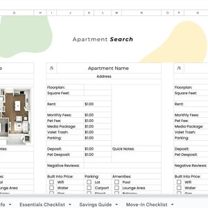 May include: A spreadsheet titled "Ultimate Moving Out Spreadsheet" with a section for apartment search. The spreadsheet includes fields for apartment name, address, rent, and amenities. A floor plan image is included.
