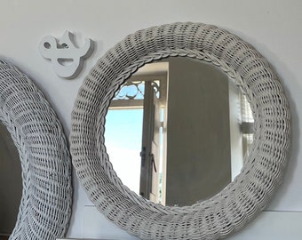 Swedish, vintage white, large, RATTAN MIRROR, boho, eclectic, interior, 1970s
