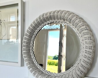 swedish, vintage white RATTAN MIRROR, boho, eclectic, interior, 1970s
