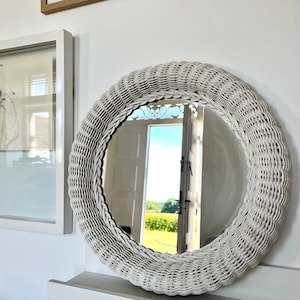 swedish, vintage white RATTAN MIRROR, boho, eclectic, interior, 1970s