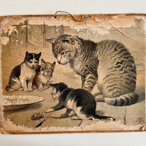 ILLUSTRATION DE TABLEAU SCOLAIRE Antik, carton, recto-verso, chat/chaton et chien/chiot, lithographie, vie à la ferme, shabby chic