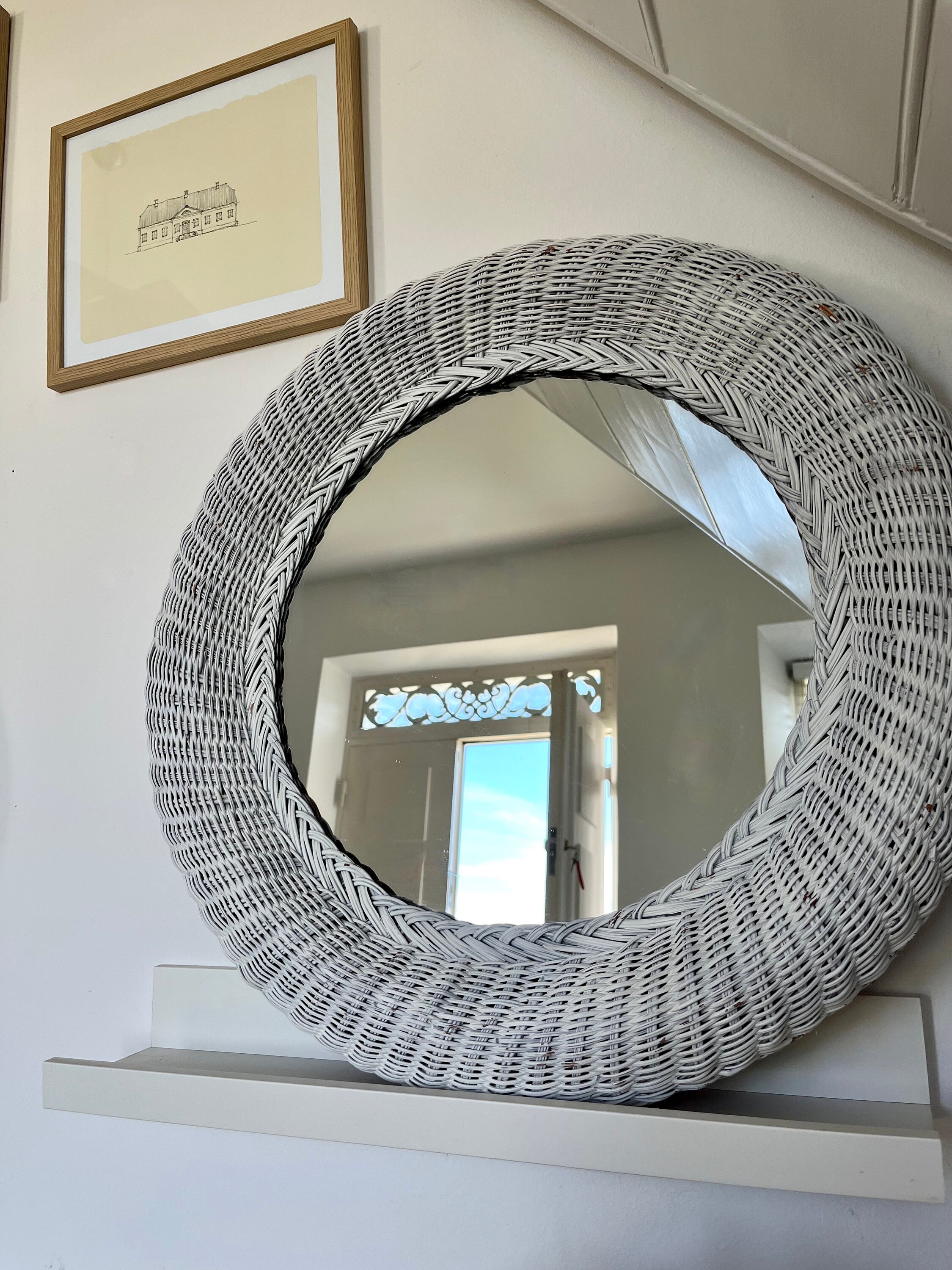 Swedish, Vintage White, Large, RATTAN MIRROR, Boho, Eclectic