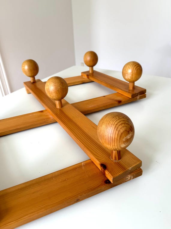 Vintage Danish Pine Wood Coat Rack: Brutalist Foldable Wall Hook