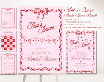 Das ist Amore Brautparty Zeichen und Einladen Bündel - Invite, Sign & Free Games Templates | Bearbeitbare Canva Vorlage | Retro rosa rot bedruckbar