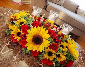 Sunflower & Rose Centerpiece: Summer Floral Arrangement