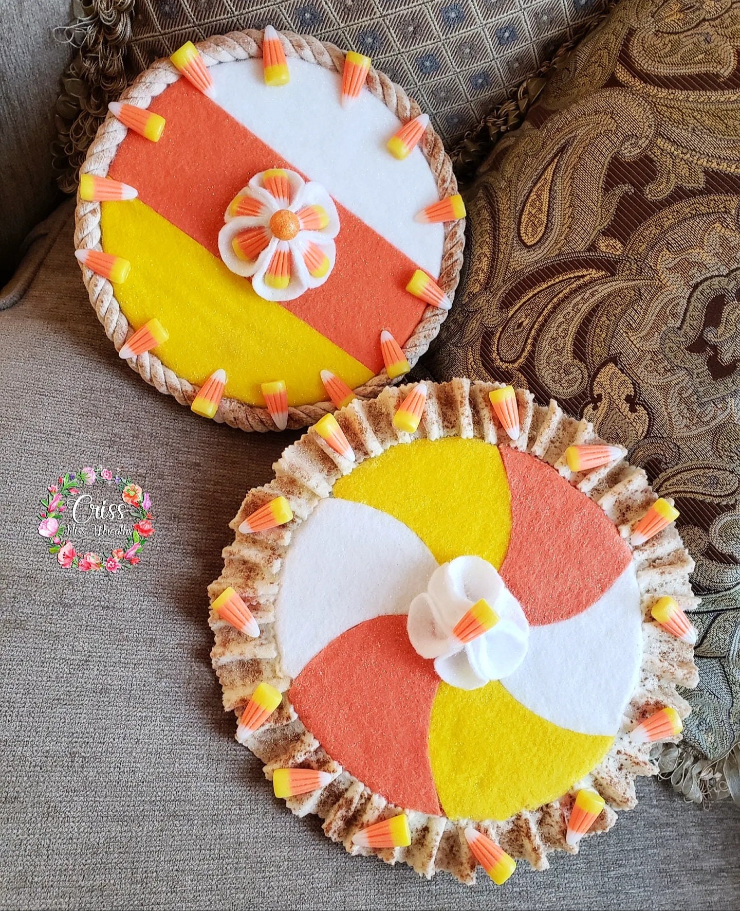 Fake candy corn pie, faux pie, primitive pie, fake bake pie Halloween wreath attachments, tiered tray decor, Halloween pie, candycorn wreath