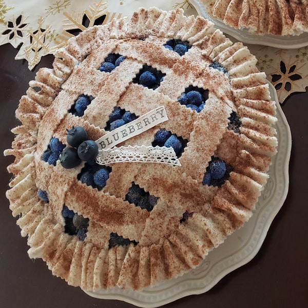 Fake blueberry pie, faux blueberry pie, faux pie, primitive pie, fake bake pies, wreath attachments, tiered tray decor,