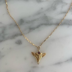 Winged Heart Pendant Necklace Gold Vermeil Heart, Gold Fill box chain and clasp with tiny tourmaline bead