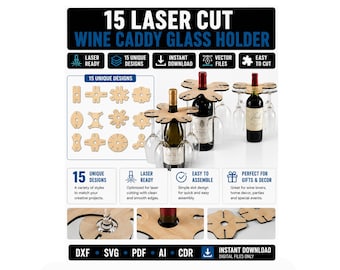Wine Caddy SVG Bundle, Wine Glass Holder Laser Cut File, 15 Wine Bottle Carrier Designs, Glowforge xTool LightBurn SVG Template