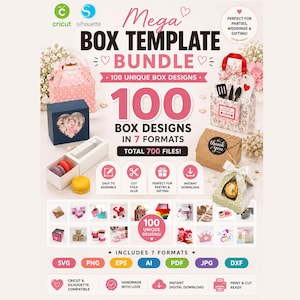 Puede incluir: Un paquete de plantillas digitales titulado Mega Box Template Bundle con 100 diseños de cajas únicos en 7 formatos. La imagen muestra varias cajas de papel ensambladas, incluyendo una caja rosa con lunares, una caja azul marino y una caja de regalo.