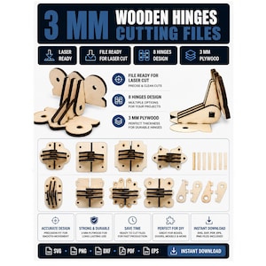 Puede incluir: Una visualización de producto digital para archivos de corte de bisagras de madera de 3 mm. La imagen muestra varios diseños de bisagras cortadas con láser, incluyendo formas cuadradas, rectangulares y decorativas. Texto: 3 MM WOODEN HINGES CUTTING FILES, SVG, PNG, DXF, PDF, EPS, INSTANT DOWNLOAD.