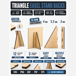 May include: A digital product listing for triangle easel stand backs featuring plywood thickness options of 4 mm, 3.2 mm, and 3 mm. The image displays 12 different sizes, SVG file compatibility, and assembly views of the wooden triangular supports.