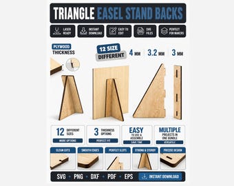 Triangle Easel Stand Backs SVG Bundle, Laser Cut Easel Stand SVG, Display Stand Template, Glowforge Easel Back File, Photo Frame Stand SVG