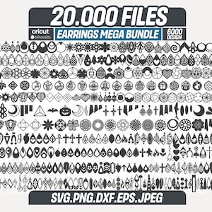 May include: A collection of black earring designs in various shapes and styles, including floral, geometric, and abstract patterns. The image includes the text "20.000 FILES EARRINGS MEGA BUNDLE 6000 DESIGN" and file formats SVG, PNG, DXF, EPS, and JPEG.