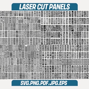 Puede incluir: Una colección de paneles cortados con láser con diversos diseños geométricos y florales. La imagen presenta una cuadrícula de patrones en blanco y negro, con el texto "LASER CUT PANELS" y las opciones de tipo de archivo "SVG.PNG.PDF.JPG.EPS".