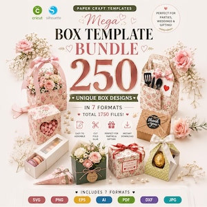 Könnte beinhalten: Ein digitales Bündel von 250 Papierbastel-Boxvorlagen mit Blumen- und Unimustern. Die Grafik zeigt verschiedene zusammengebaute Schachteln, darunter Geschenkboxen und Behälter, sowie Textbeschriftungen für die Formate SVG, PNG, EPS, AI, PDF, DXF und JPG.