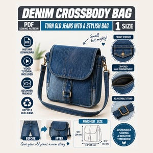 May include: A blue denim crossbody bag sewing pattern PDF. The bag features a flap, a front pocket, a zippered main compartment, and an adjustable strap. Finished dimensions are 9.5 inches by 7.5 inches by 2.5 inches. Text includes DENIM CROSSBODY BAG.