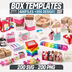 May include: A collection of various box templates in different shapes, sizes, and colors. The boxes include gift boxes, candy boxes, and decorative boxes. The image includes text that reads "BOX TEMPLATES" and "400 FILES + 200 DESIGN".