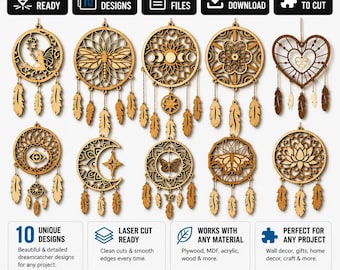 10 Dreamcatcher Svg Bundle, Laser Cut Dream Catcher Files, Boho Wall Decor SVG, Mandala Dreamcatcher, Glowforge Files, CNC DXF Bundle