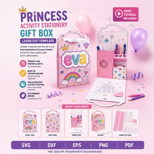Prinsessaktivitetspresentask SVG, målarbokmall, barnfestfavörsask, krithållare SVG, Cricut presentask, Busy Bag, laserskurna filer